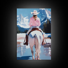 Cargar imagen en el visor de la galería, Female Cowboy Riding Through Winter Mountains Framed Canvas Print Christmas Wall Art Winter Wonderland Vintage Christmas Gift Wall Art
