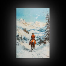 Load image into Gallery viewer, Cowboy Riding Through Snowy Mountains Framed Canvas Print Christmas Wall Art Winter Wonderland Decor Seasonal Wall Art Christmas Gift Idea
