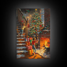 Cargar imagen en el visor de la galería, Children Hanging Stockings By The Fireplace Framed Canvas Print Tall Art With Christmas Tree, Nostalgic Christmas Wall Art Holiday Decor
