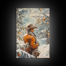 Load image into Gallery viewer, Cowboy in Snowy Orchard Canvas Print with Frosty, Christmas Wall Art Gift, Seasonal Decor, Winter Wonderland, Holiday Decor, Canvas Print
