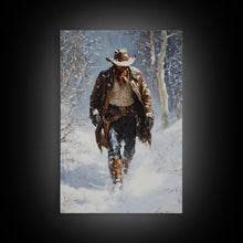 Load image into Gallery viewer, Cowboy Riding Horse in Snowy Forest Canvas Print, Winter Wall Art, Western, Rustic Christmas Wall Art, Seasonal Holiday Decor, Canvas Print
