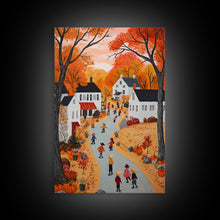 Carregar imagem no visualizador da galeria, Autumn Village Scene Framed Canvas Print Tall Art With Fall Leaves And Pumpkins, Cozy Wall Art For Seasonal Farmhouse Decor
