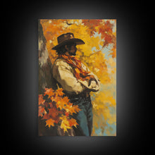 Load image into Gallery viewer, Cowboy Walking in Winter Forest at Sunset Canvas Print, Seasonal Western Wall Art, Rustic Christmas Wall Decor, Vibes, Framed Canvas Print
