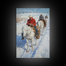 Load image into Gallery viewer, Cowboy Riding Horses in Snow Canvas Print, Winter Wall Art, Rustic Christmas Decor, Holiday Gift Idea, Seasonal Art, Framed Canvas Print
