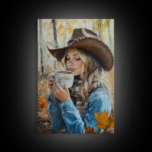 Carregar imagem no visualizador da galeria, Fall-themed farmhouse framed canvas print a woman with coffee amidst autumn leaves ideal harvest home decor or seasonal wall art gift idea
