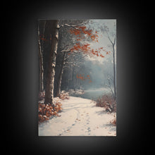 Load image into Gallery viewer, Framed Canvas Print of a Snowy Path with Trees and Red Leaves, Winter Wall Art, Moody Landscape, Best Gift Idea, Modern Christmas Decor
