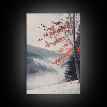 Carregar imagem no visualizador da galeria, Canvas Print of Snowy Mountain Trees Red Leaves, Winter Wonderland Wall Art, Best Gift Idea, Moody Landscape, Rustic Christmas Decor
