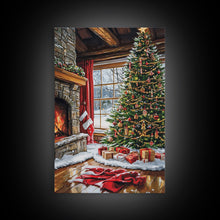 Load image into Gallery viewer, Cozy Cabin Fireplace With Christmas Tree Framed Canvas Print Christmas Wall Art Farmhouse Christmas Decor Holiday Gift Christmas Tree Art
