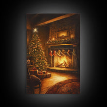 Load image into Gallery viewer, Rustic Cabin Fireplace With Christmas Tree Framed Canvas Print Warm Holiday Decor With Stockings And Christmas Lights Christmas Wall Art
