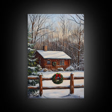 Load image into Gallery viewer, Snowy Log Cabin With Wreath And Fence Framed Canvas Print Rustic Winter Scene With Cozy Cabin In Snow Perfect Christmas Home Decor Wall Art

