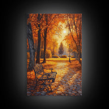 Carregar imagem no visualizador da galeria, Autumn Park Bench Scene With Trees And Lamppost Framed Canvas Print Wall Art Fall Decor, Rustic Autumn Art Gift, Seasonal Canvas Art
