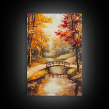 Carregar imagem no visualizador da galeria, Autumn Bridge Over Stream Framed Canvas Print Wall Art Fall Landscape Decor, Rustic Autumn Art Gift, Seasonal Wall Art
