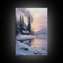 Load image into Gallery viewer, Cabin In Snowy Forest Framed Canvas Print Wall Art Winter Landscape Decor, Cozy Christmas Art Gift, Rustic Winter Wonderland Art
