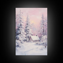 Load image into Gallery viewer, Pink Snowy Cabin Landscape Framed Canvas Print Wall Art Winter Wonderland Decor, Christmas Art Gift, Rustic Winter Scene Art
