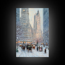 Cargar imagen en el visor de la galería, Historical City Winter Framed Canvas Print, Snowy Urban Landscape with Carriages and Victorian Architecture, Elegant Christmas Wall Art
