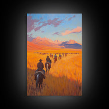 Load image into Gallery viewer, Cowboy Campfire Framed Canvas Print, Evening Gathering with Riders Around Fire, Western Landscape Art for Fall or Winter Home Decor
