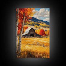 Load image into Gallery viewer, Countryside Barn in Autumn Framed Canvas Print, Bright Fall Landscape Birch Trees, Rustic Wall Art Country Home or Farmhouse Autumn Decor
