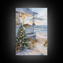 Cargar imagen en el visor de la galería, Coastal Christmas Tree Framed Canvas Print, Festive Holiday Decor Tree Beach and Ocean View, Nautical Wall Art Tropical Christmas Decor

