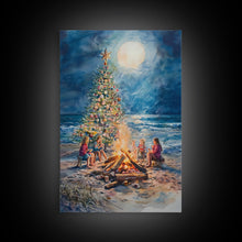Cargar imagen en el visor de la galería, Christmas by the Bonfire Framed Canvas Print Family Gathering Around Christmas Tree Beach, Coastal Holiday Wall Art Nautical Christmas Decor
