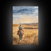 Load image into Gallery viewer, Cowboy leading cattle across golden prairie, Framed Canvas Print, western landscape wall art for rustic farmhouse decor, gift idea holiday
