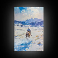 Load image into Gallery viewer, Cowboy riding through snowy mountain pass, Framed Canvas Print, western winter landscape wall art, farmhouse holiday decor Christmas gift
