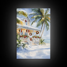 Carregar imagem no visualizador da galeria, Beach Christmas porch with palm trees and wreaths, holiday decor Framed Canvas Print Christmas wall art farmhouse tropical decor idea
