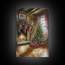Load image into Gallery viewer, Cozy farmhouse Christmas interior Framed Canvas Print with tree stockings and fireplace, warm holiday art rustic Christmas decor mantle
