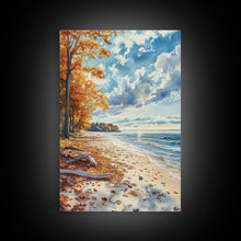 Carregar imagem no visualizador da galeria, Autumn beach landscape with vibrant fall leaves and coastal breeze Framed Canvas Print perfect fall wall art for seasonal farmhouse decor
