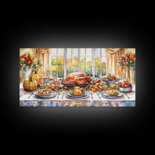 Load image into Gallery viewer, Framed Canvas Print Autumn Thanksgiving Dinner Table Art with Pumpkins, Perfect Fall Home Decor, Seasonal Wall Art, and Gallery Wall Piece

