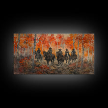 Load image into Gallery viewer, Framed Canvas Print Horseback Riders in Rustic Fall Forest, Cowboy Theme Wall Art, Autumn Home Decor, and Seasonal Canvas Wall Print
