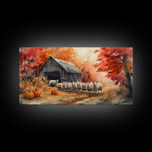 Load image into Gallery viewer, Framed Canvas Print Autumn Farm with Sheep and Pumpkins, Perfect Fall Decor, Rustic Country Home Wall Art, Seasonal Autumn Canvas Print
