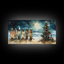 Carregar imagem no visualizador da galeria, Canvas Print Surfboards and Christmas Tree at Beach, Tropical Christmas Decor, Beach Christmas Art, Coastal Holiday Wall Art
