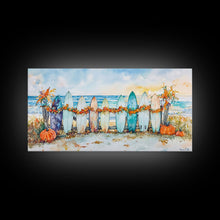 Load image into Gallery viewer, Framed Canvas Print Beach Scene with Surfboards and Pumpkins, Fall Beach Decor, Autumn Coastal Wall Art, Perfect Fall Beach Theme
