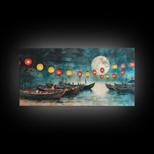 Load image into Gallery viewer, Framed Canvas Print Full Moon Lanterns on Boats, Dreamy Night Scene, Watercolor Christmas Art, Unique Holiday Decor, Coastal Christmas
