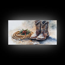 Load image into Gallery viewer, Framed Canvas Print Cowboy Boots and Rope with Pinecones, Rustic Winter Decor, Western Christmas Art, Perfect Holiday Wall Print
