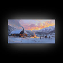 Load image into Gallery viewer, Cozy Snowy Log Cabin Tall Art Framed Canvas Print Winter Home Decor With Warm Fireplace And Horse Rider Under A Beautiful Sunset Scene
