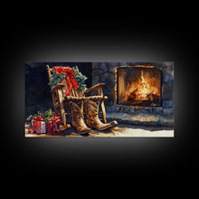 Carregar imagem no visualizador da galeria, Canvas Print Rocking Chair and Cowboy Boots by Fireplace, Cozy Christmas Decor, Western Holiday Wall Art, Rustic Christmas Scene
