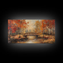 Carregar imagem no visualizador da galeria, Autumn Bridge Over Quiet River Tall Art Framed Canvas Print Serene Fall Landscape With Colorful Foliage And Peaceful Reflections
