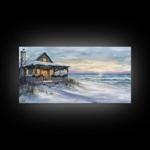Carregar imagem no visualizador da galeria, Beach Christmas decor Framed Canvas Print winter wonderland cabin Christmas vacation decor coastal Christmas wall art holiday gift idea
