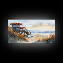 Cargar imagen en el visor de la galería, Christmas vacation decor Framed Canvas Print coastal beach cabin snowy winter landscape holiday decor gallery wall Christmas wall print
