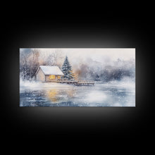 Load image into Gallery viewer, Christmas winter cabin Framed Canvas Print snowy lakeside cabin Christmas tree cozy holiday decor winter wonderland art Christmas wall decor
