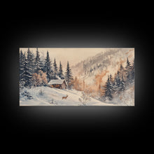 Load image into Gallery viewer, Christmas winter cabin Canvas Print snowy mountain cabin deer cozy holiday wall art winter wonderland seasonal decor Christmas gift idea
