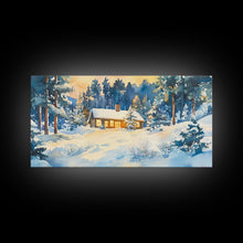 Load image into Gallery viewer, Winter cabin decor Framed Canvas Print snowy cabin and trees winter wonderland cozy holiday wall art gift idea Christmas home decor
