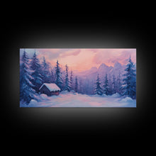 Load image into Gallery viewer, Cozy Cabin Surrounded By Winter Trees Tall Art Framed Canvas Print Serene Snowy Forest Cabin Landscape With Warm Interior Lights
