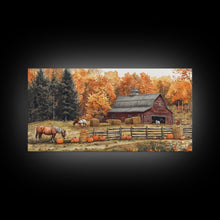 Carregar imagem no visualizador da galeria, Autumn Barn Pumpkin Horses Canvas Print Farmhouse Fall Decor Seasonal Wall Art Framed Canvas Print Rustic Fall Farmhouse Wall Art
