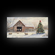 Cargar imagen en el visor de la galería, Christmas Barn Snow Sheep Canvas Print Christmas Farmhouse Decor Rustic Christmas Wall Art Framed Canvas Print Christmas Outdoor Decor
