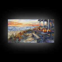 Load image into Gallery viewer, Beach Thanksgiving Table Pumpkins Canvas Print Fall Beach Decor Autumn Coastal Wall Art Framed Canvas Print Seasonal Wall Art
