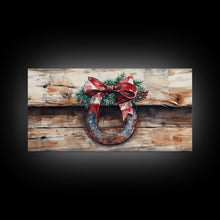 Cargar imagen en el visor de la galería, Festive horseshoe Christmas art, rustic holiday decor, farmhouse holiday gift idea, cozy winter home decor, framed canvas print
