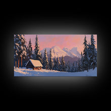 Load image into Gallery viewer, Snowy Mountain Cabin Tall Art Framed Canvas Print Cozy Winter Cabin Nestled In Snowy Forest With Majestic Mountain Landscape
