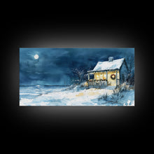 Cargar imagen en el visor de la galería, Coastal Christmas cabin decor, winter beach house art, snowy holiday seaside print, cozy Christmas wall art, framed canvas print
